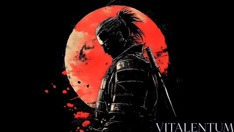 Samurai silhouette stands before textured red circular backdrop