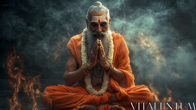 Meditating sage in sacred firelit smoke exudes deep serenity