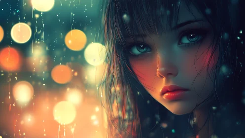 Melancholic anime girl in neon rain with soft bokeh glow.