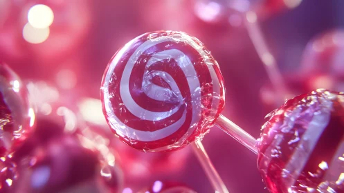 Close-up of Swirled Red and White Lollipops in Soft Pink Light.