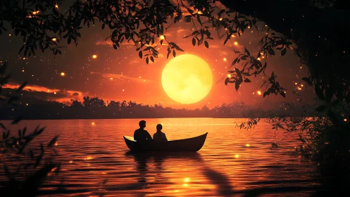 Silhouetted Couple in Boat at Golden Sunset Over Water.