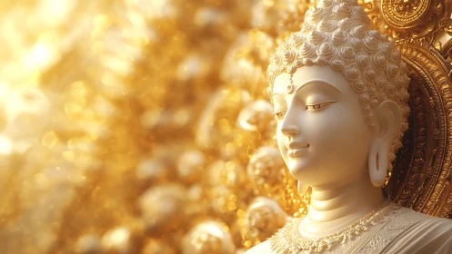 Peaceful golden Buddha bathed in soft, radiant sunlight.