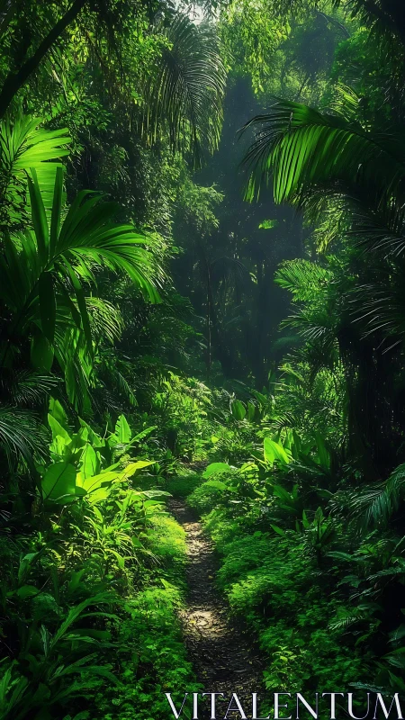 Dense tropical rainforest canopy with light-filtered pathway through vegetation