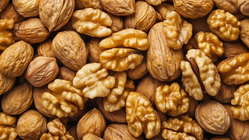 Walnut halves and shells gossip closely in golden-brown crowd