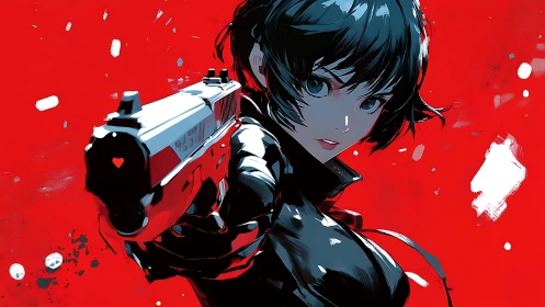 Gun-wielding heroine dominates bold red anime backdrop.