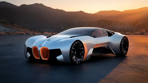 Sunset-born concept supercar glides across silent desert asphalt.