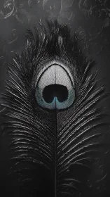 Peacock feather rests on embossed black ornamental surface