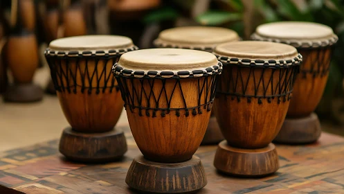 Handcrafted wooden djembes stand on patterned wooden table