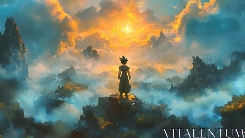 Lone skyward warrior greets a blazing newborn sun of clouds.