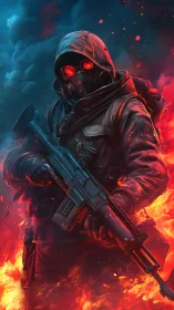 Hooded soldier grips rifle amid blazing inferno and smoke
