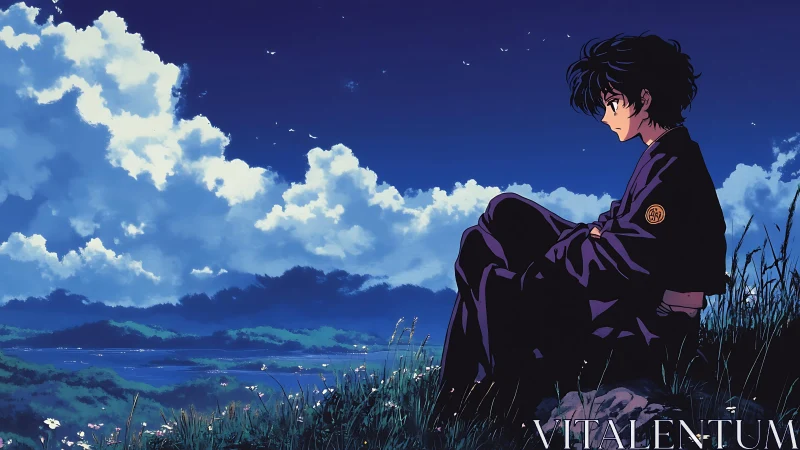 Solitary anime boy on hillside overlooking lake at dusk