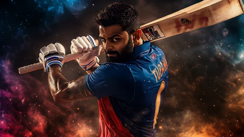 Cricket batter holds his shot strong against a glowing cosmic sky