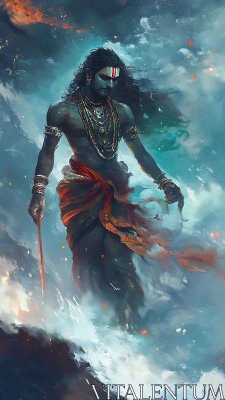 Stormwalking mystic striding through roaring celestial surf.