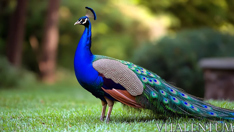 Vibrant peacock standing in lush garden, natural light photography.