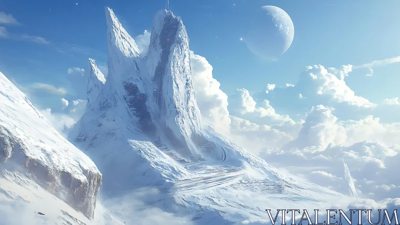 Celestial ice spires climb above clouds toward a silent moon.