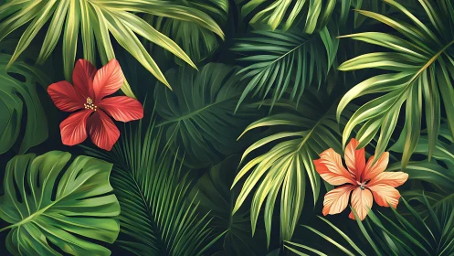 Lush tropical leaves cradling bold hibiscus blooms.