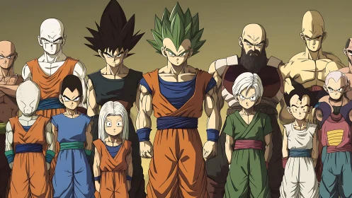 Anime warrior team lineup in bold orange battle uniforms.