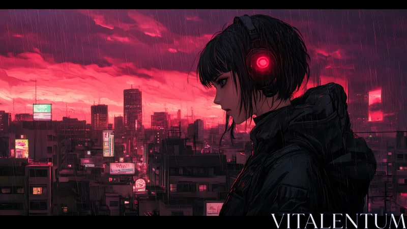 Neon city rain wraps a quiet listener in glowing night