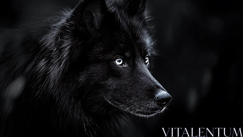 High-contrast profile study of black wolf with specular fur highlights
