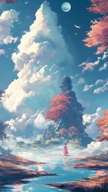 Solitary wanderer approaches autumn pagoda beneath moon.