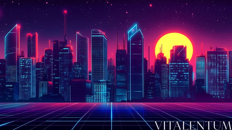 Neon-drenched retrofuturist skyline under radiant magenta sun.