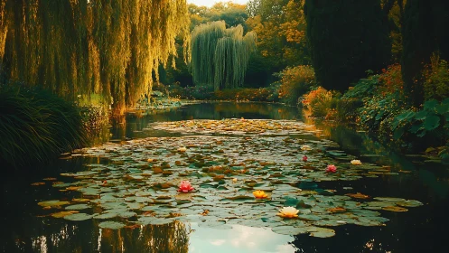 Willow curtains lean close as lilies light a secret pond