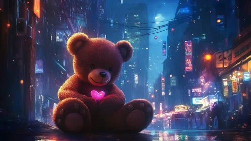 Giant plush bear with neon heart in rainy cyberpunk alley.