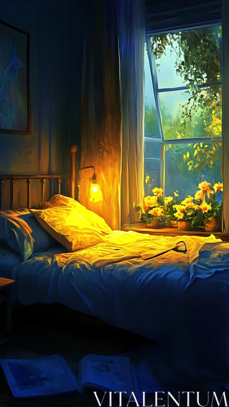 Interior bedroom scene with lit lamp and open window.
