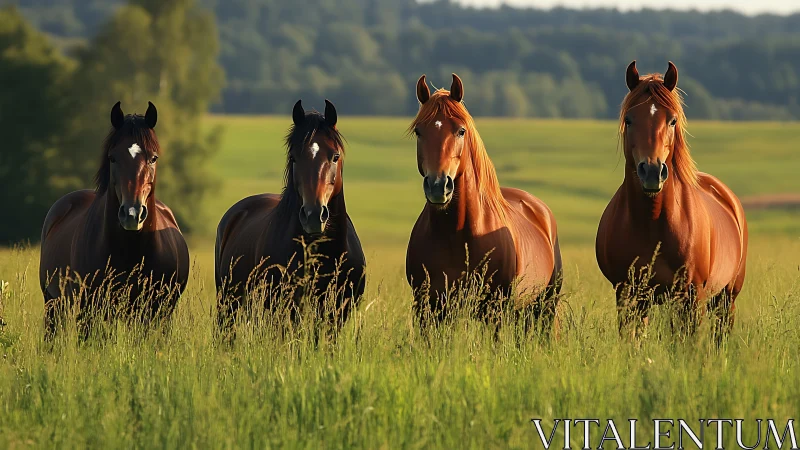 Quadrilateral equine alignment in sunlit pasture panorama.