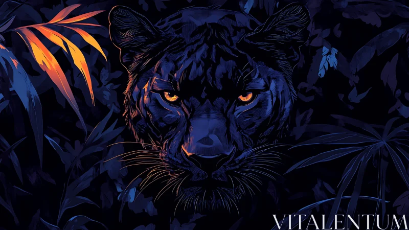 Midnight panther gazes boldly through glowing jungle shadows