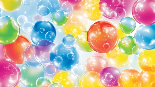 Multicolored translucent bubbles on light gradient background.