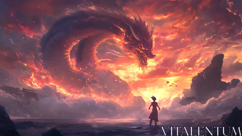 Fiery sky dragon confronting lone warrior at dusk.