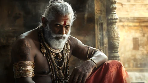 Elderly ascetic in ornate jewelry rendered with cinematic clarity