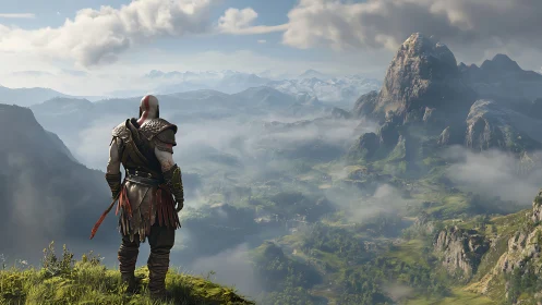 Armored warrior surveys volumetric fog over vast mountain valley
