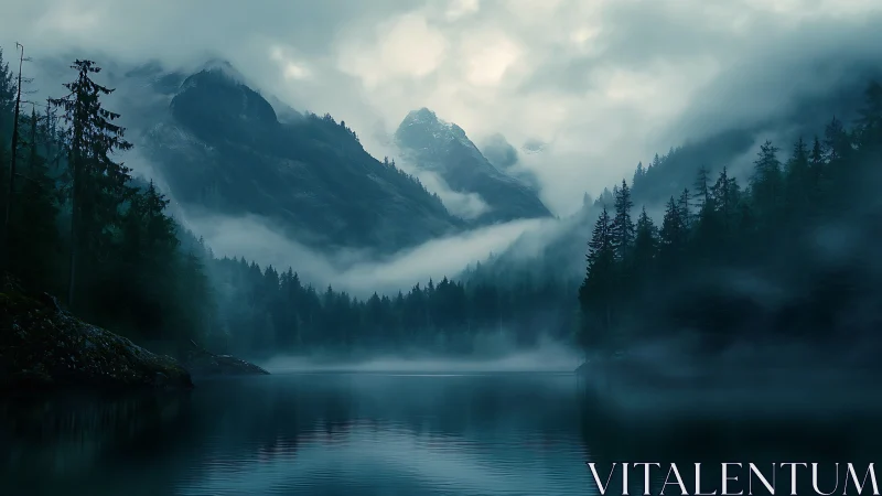 Moody alpine lake with mist-wrapped evergreen mountains.
