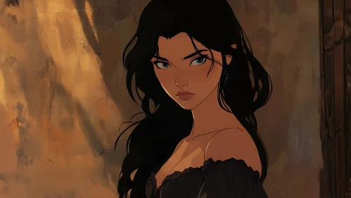 Dark-haired woman in off-shoulder top against muted wall.