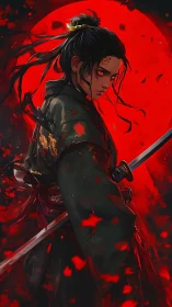 Blood-red eclipse behind vengeful samurai warrior portrait.