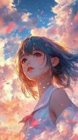 Celestial anime girl in pastel sunset sky with drifting petals