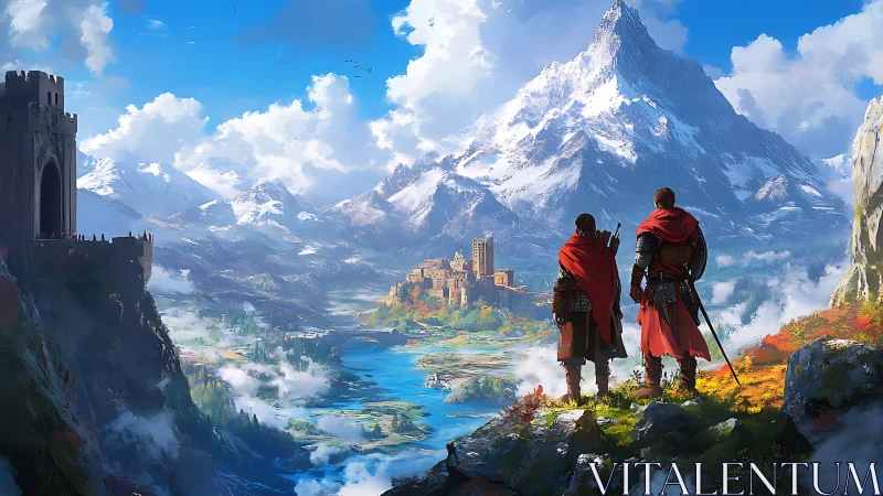 Two cloaked figures observing a mountain valley citadel.