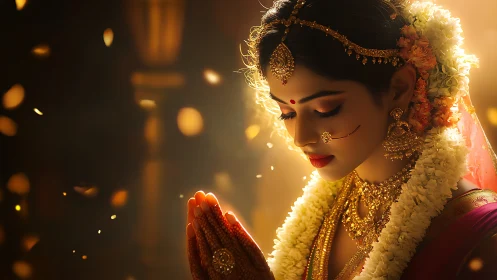 Woman in traditional Indian attire in soft warm lighting.
