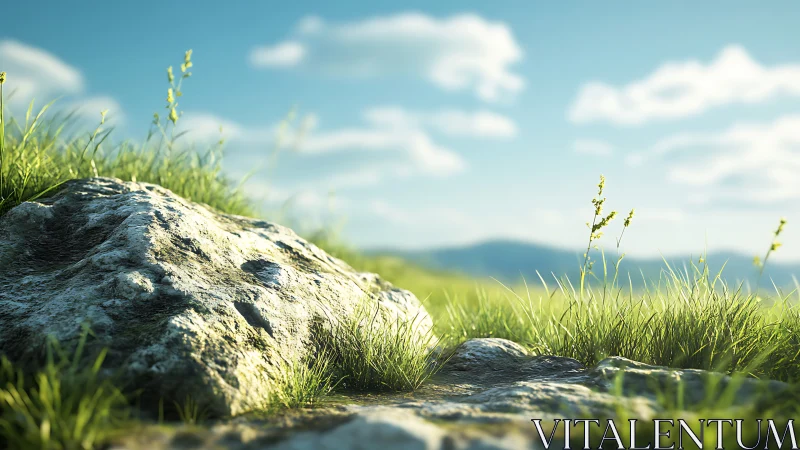 Sunlit rocky outcrop anchors shallow-depth meadow vista