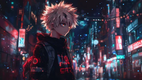 Neon-lit loner drifts through rain-speckled cyber city night.