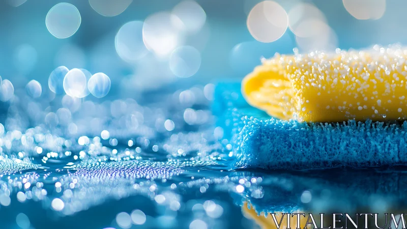 Stacked cleaning sponges with water droplets in close view.