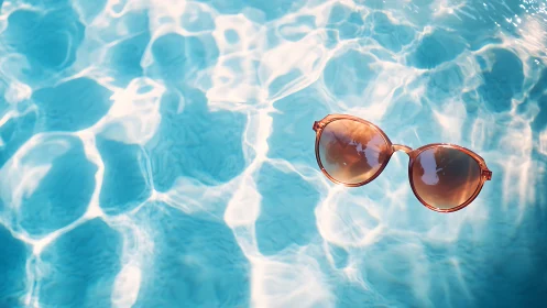 Sunglasses drifting over sunlit turquoise pool water.