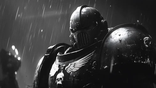 Stoic armored warrior standing unshaken in stormy rain.