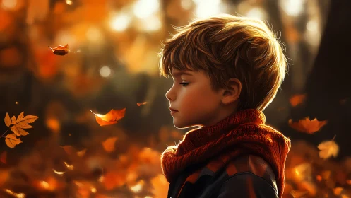 Young Boy in Autumn Reverie Among Falling Golden Leaves