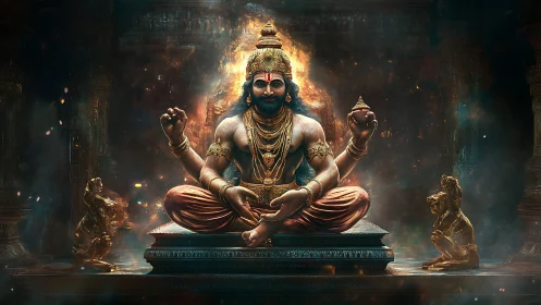 Four-armed deity statue in ornate temple interior setting.