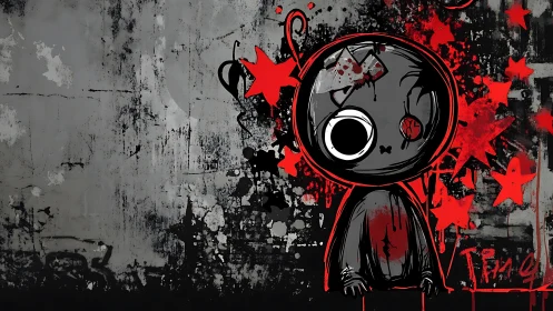 Dark cartoon figure against grungy red and gray wall.