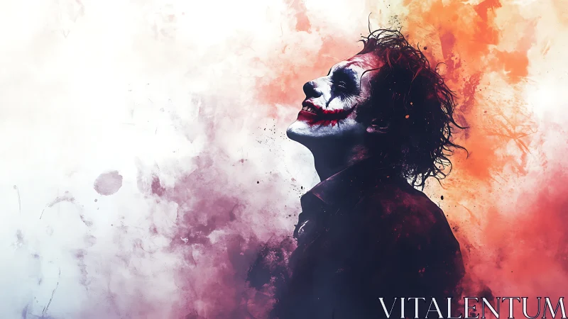 Clown-painted figure in profile against diffuse color field