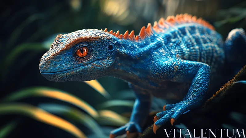 Blue reptilian creature on branch in soft forest light.